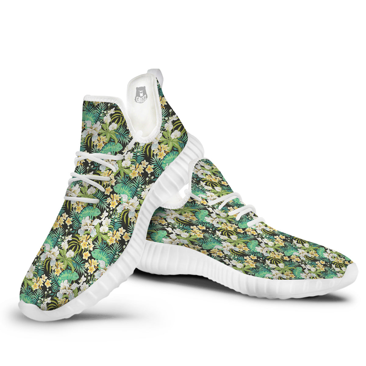 Green Chameleon And Flowers Plumeria Orchid Print Pattern White Walking Shoes-grizzshop