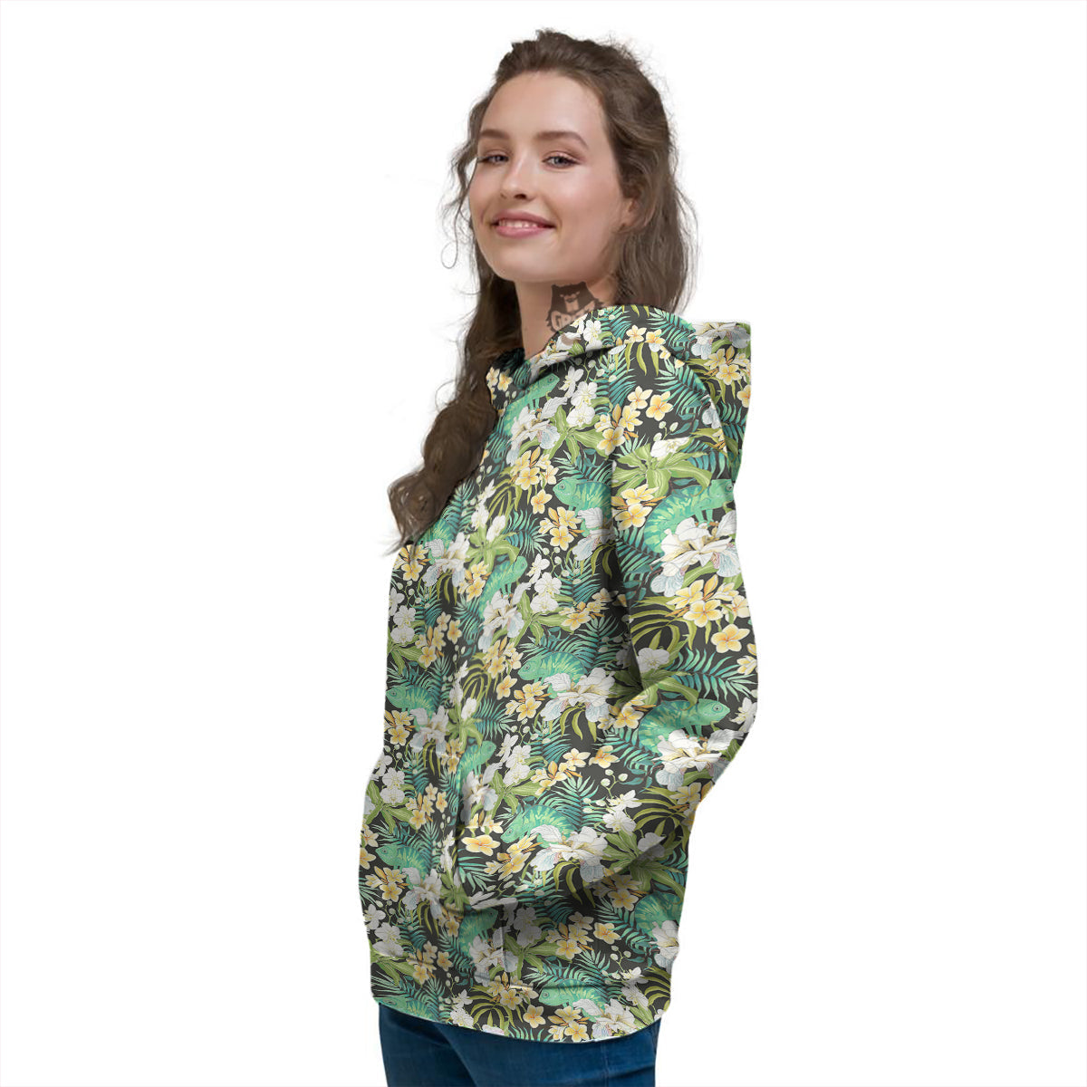 Green Chameleon And Flowers Plumeria Orchid Print Pattern Women's Hoodie-grizzshop
