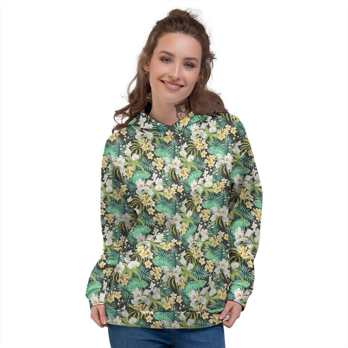 Green Chameleon And Flowers Plumeria Orchid Print Pattern Women's Hoodie-grizzshop