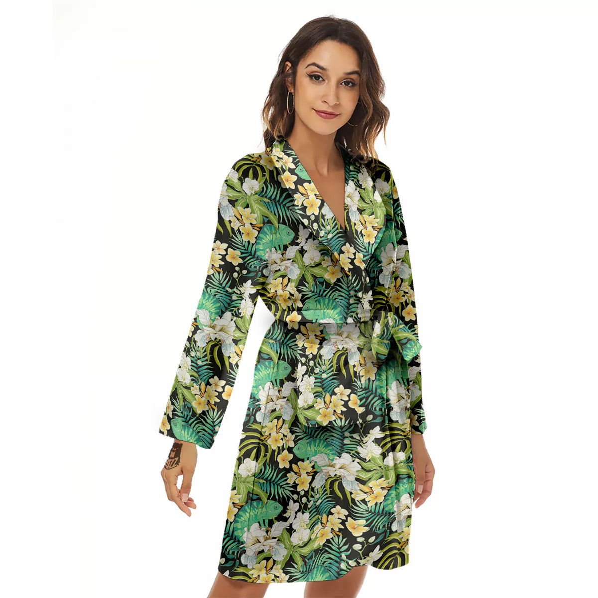 Green Chameleon And Flowers Plumeria Orchid Print Pattern Women's Robe-grizzshop