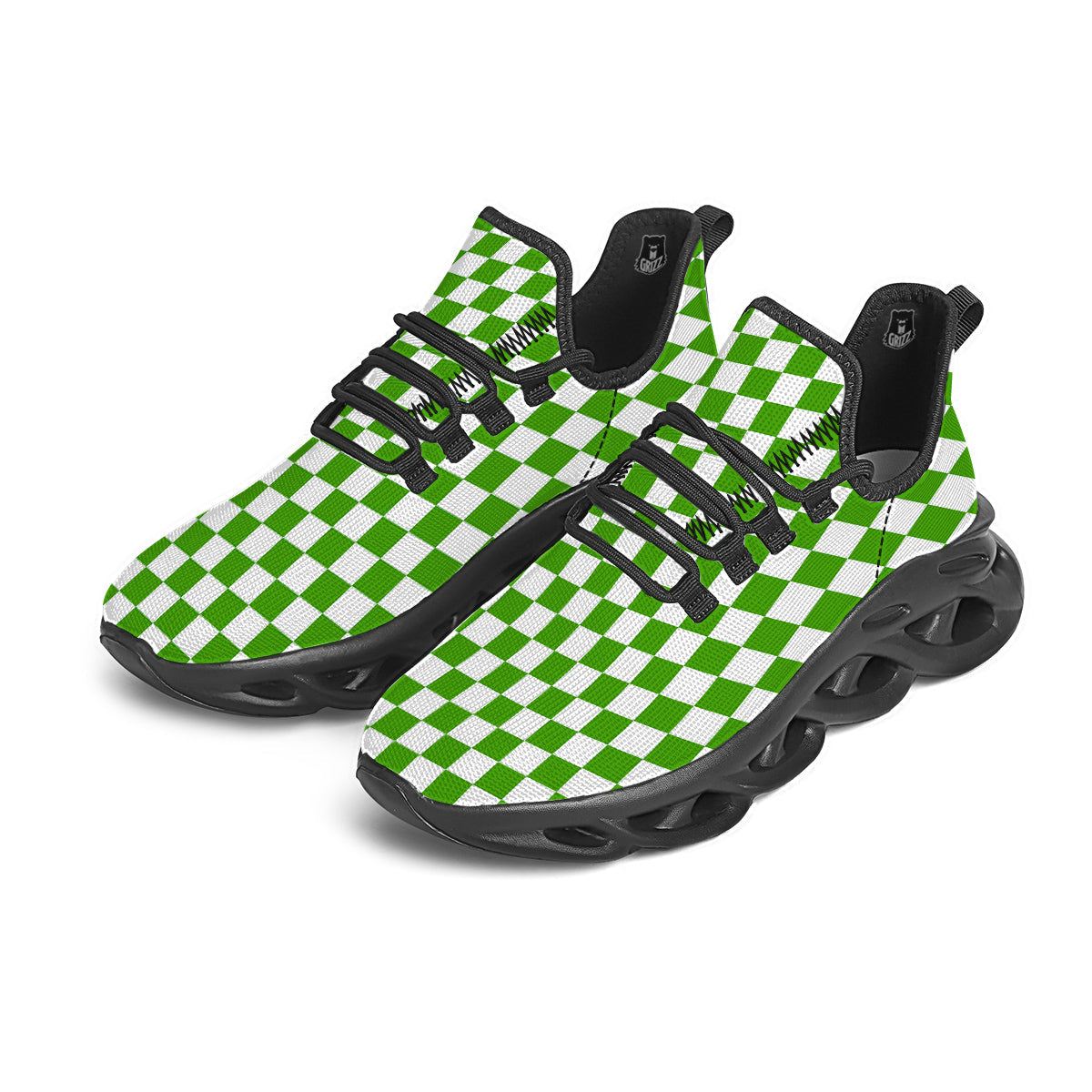 Green Checkered Flag Print Black Running Shoes-grizzshop
