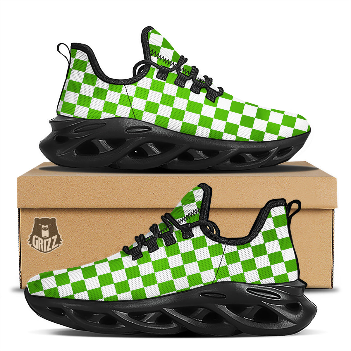 Green Checkered Flag Print Black Running Shoes-grizzshop