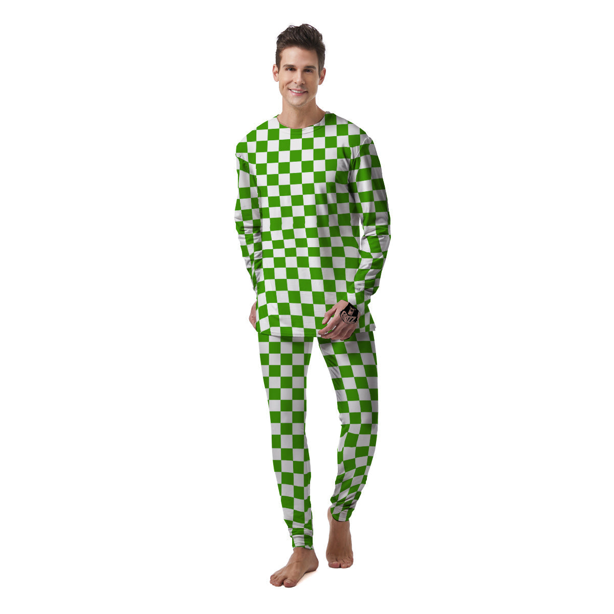 Green Checkered Flag Print Men's Pajamas-grizzshop