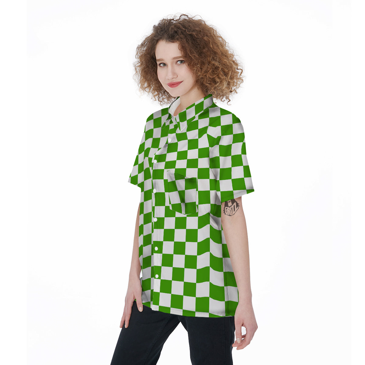 Green Checkered Flag Print Women's Short Sleeve Shirts-grizzshop