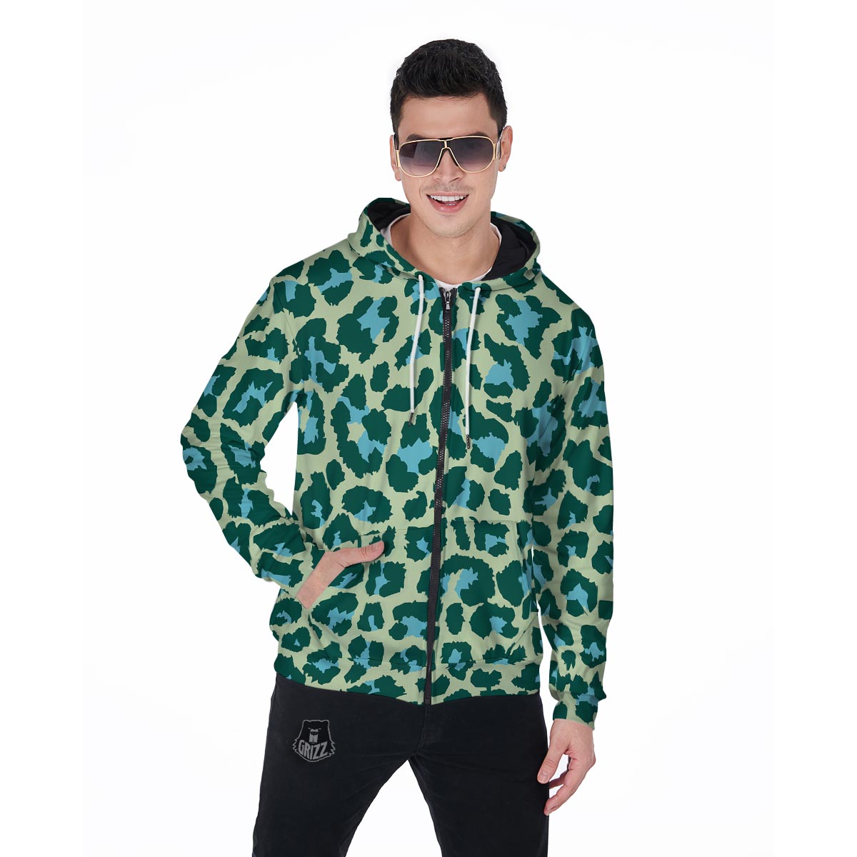 Green Cheetah Men's Zip Up Hoodie-grizzshop