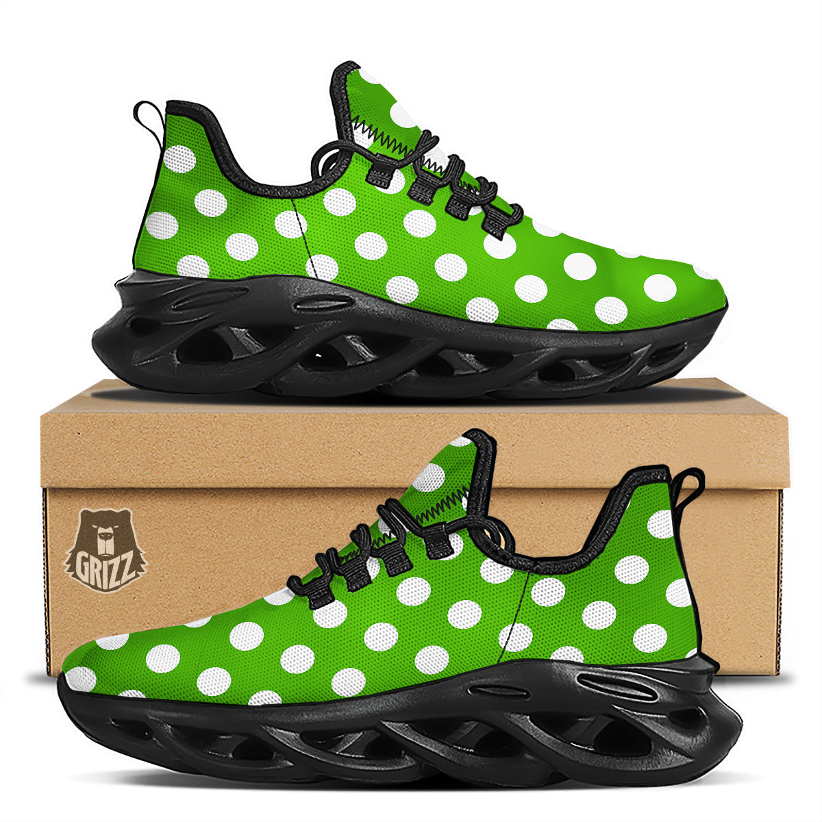 Green Color Polka Dot Print Pattern Black Running Shoes-grizzshop