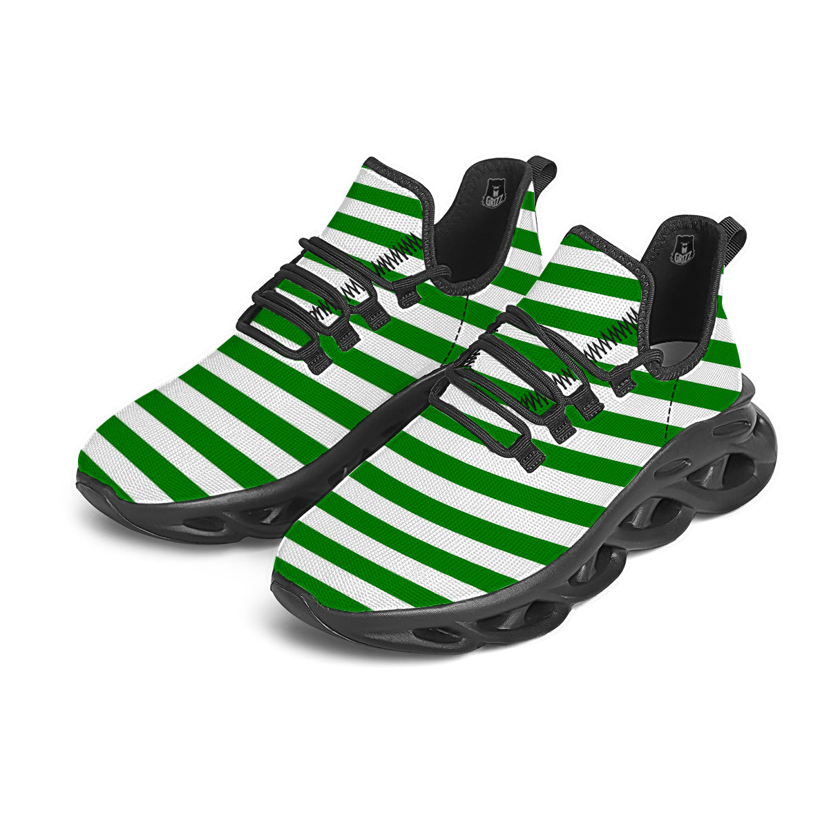 Green Color Striped Print Black Running Shoes-grizzshop
