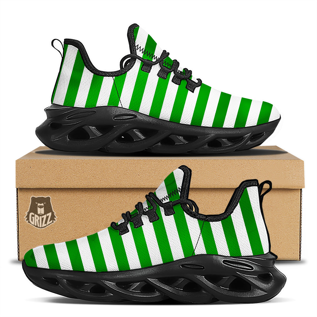 Green Color Striped Print Black Running Shoes-grizzshop