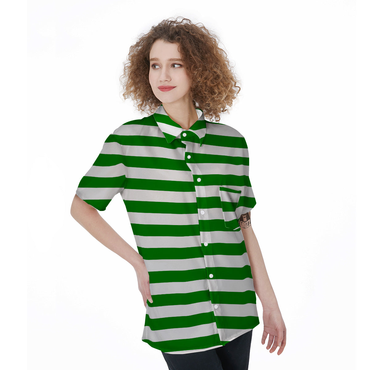 Green Color Striped Print Women's Short Sleeve Shirts-grizzshop