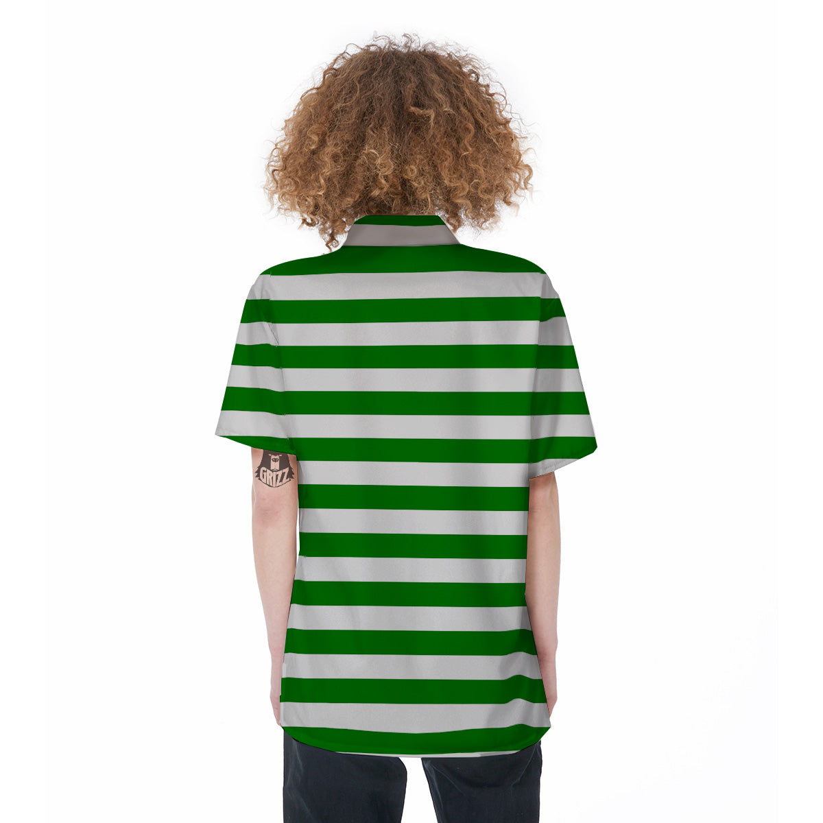 Green Color Striped Print Women's Short Sleeve Shirts-grizzshop