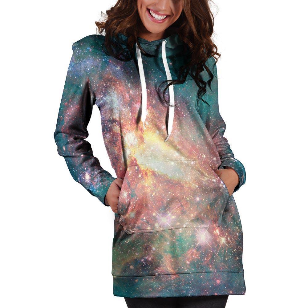 Green Cosmic Space Galaxy Hoodie Dress-grizzshop