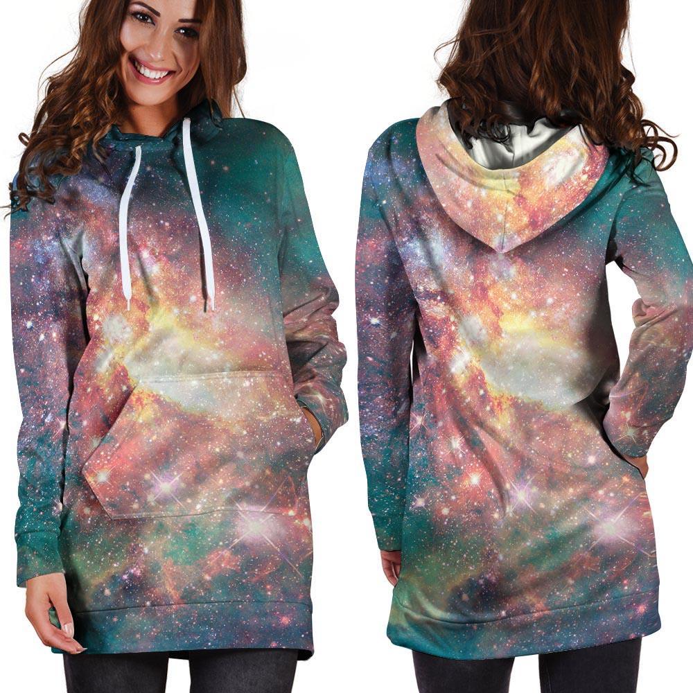 Green Cosmic Space Galaxy Hoodie Dress-grizzshop