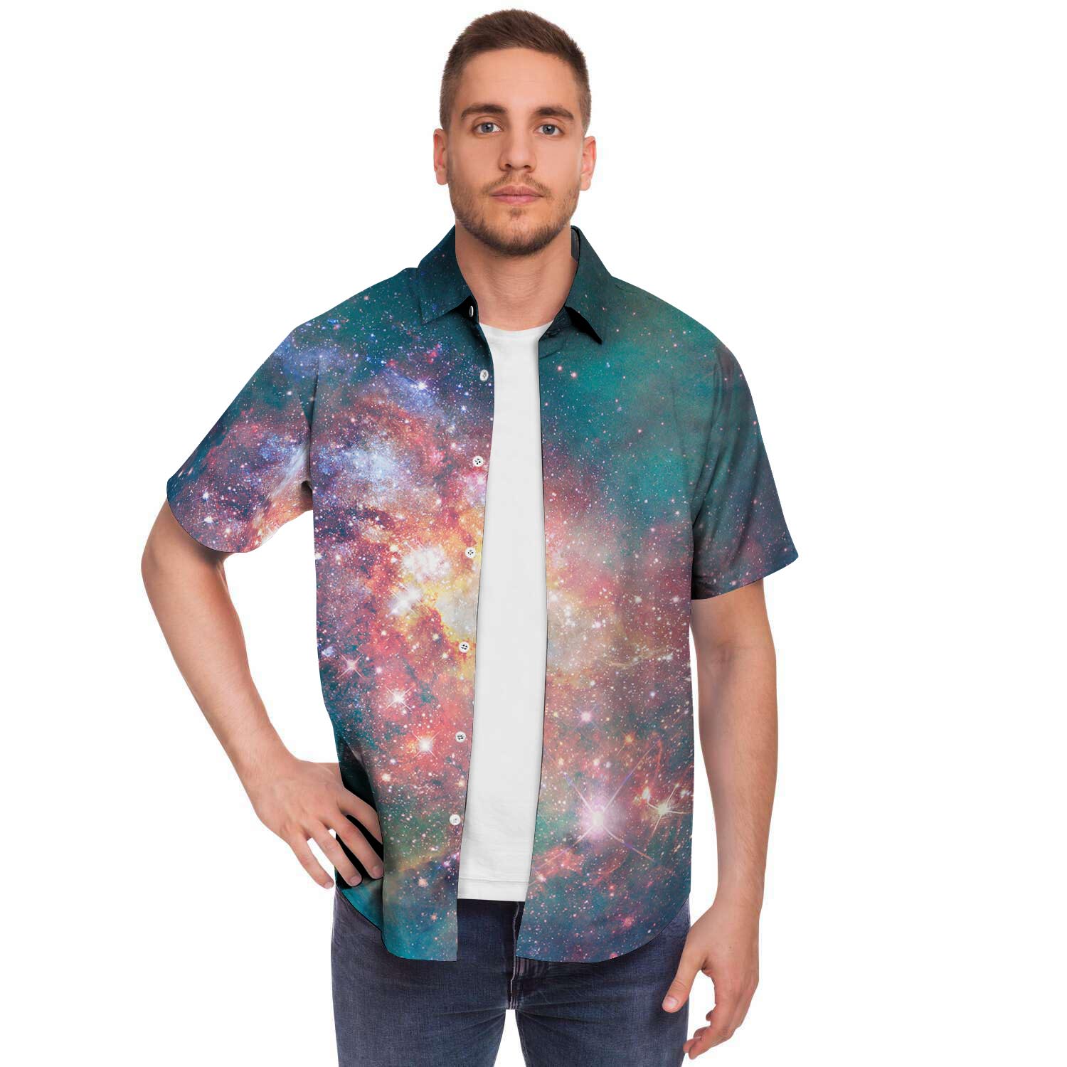 Green Cosmic Space Galaxy Men's Short Sleeve Shirt-grizzshop