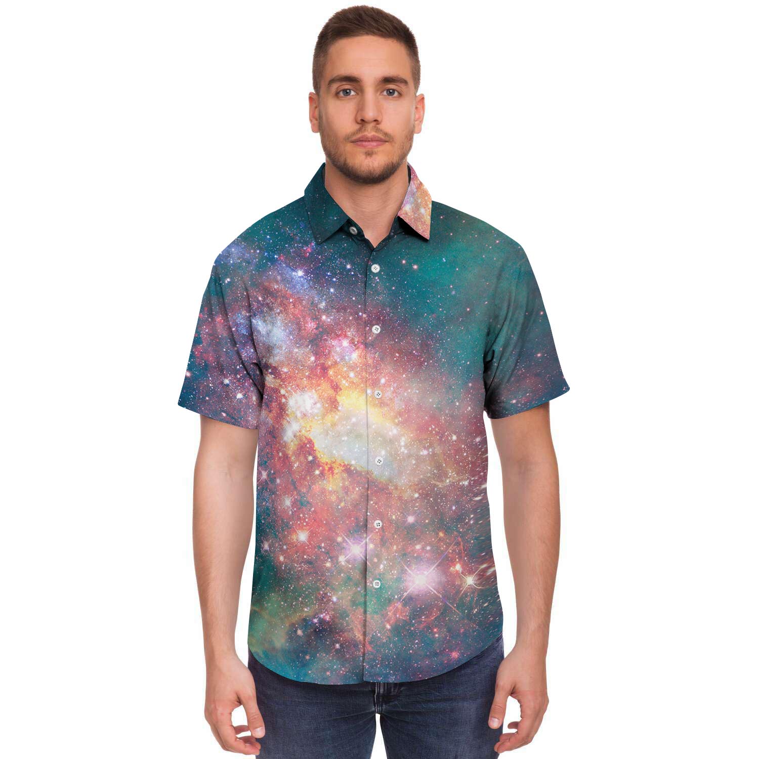 Green Cosmic Space Galaxy Men's Short Sleeve Shirt-grizzshop
