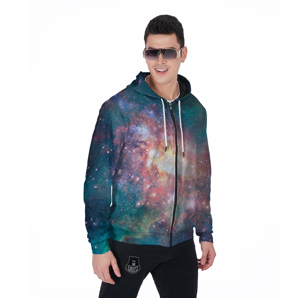 Green Cosmic Space Galaxy Men's Zip Up Hoodie-grizzshop