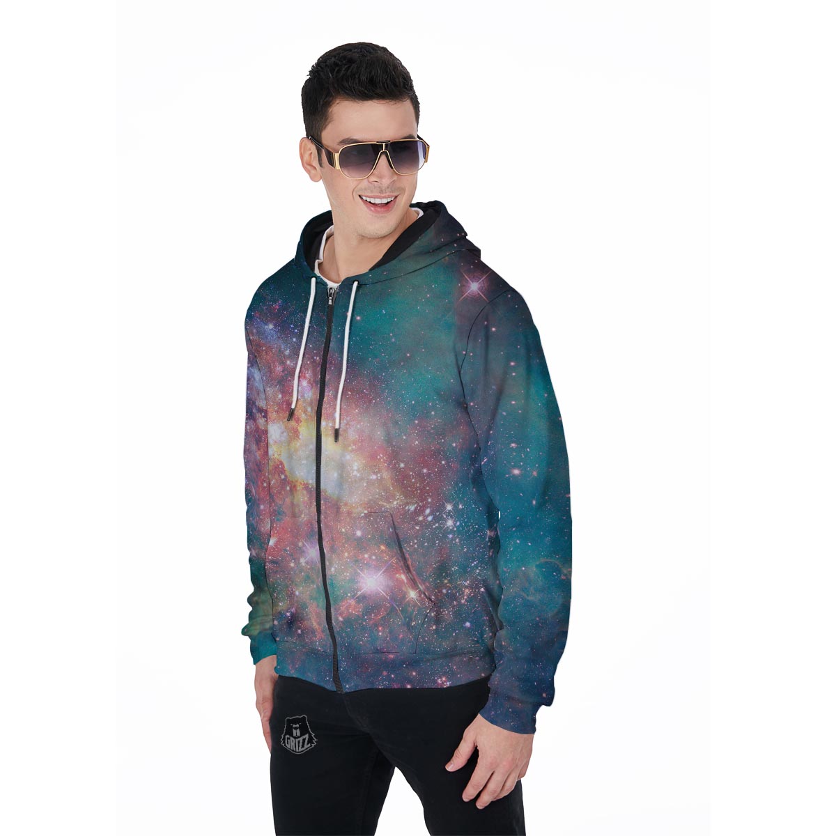 Green Cosmic Space Galaxy Men's Zip Up Hoodie-grizzshop