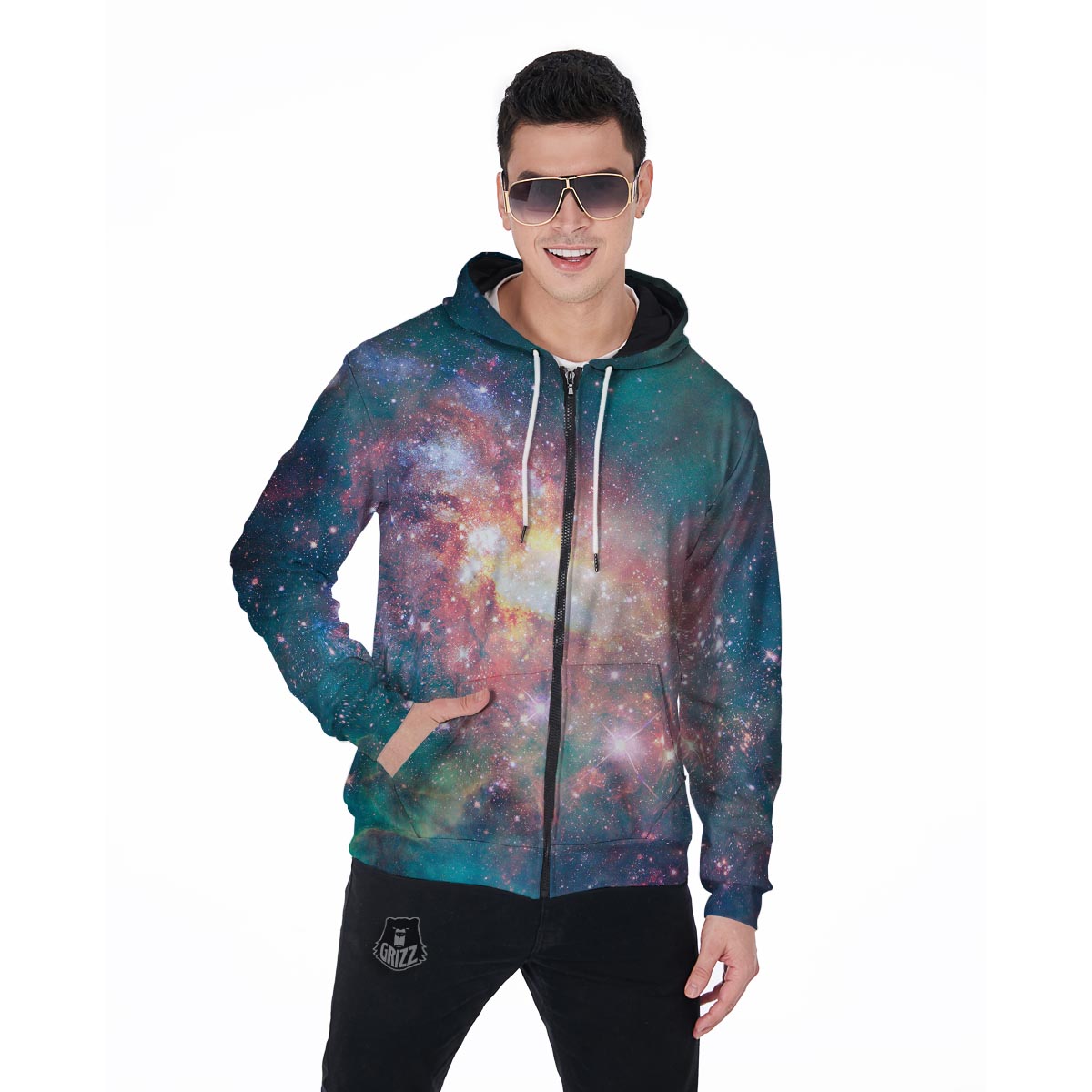 Green Cosmic Space Galaxy Men's Zip Up Hoodie-grizzshop