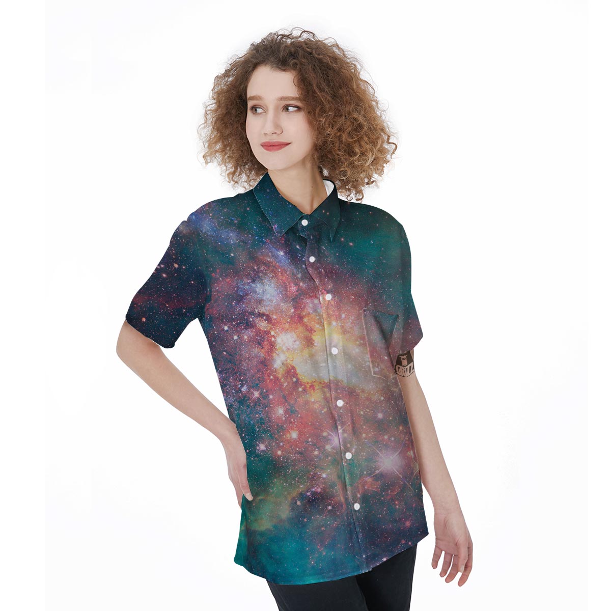 Green Cosmic Space Galaxy Women's Short Sleeve Shirts-grizzshop
