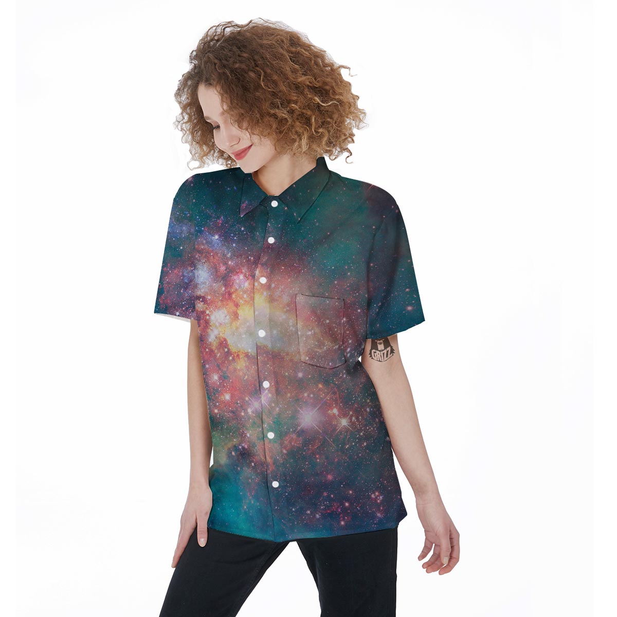 Green Cosmic Space Galaxy Women's Short Sleeve Shirts-grizzshop