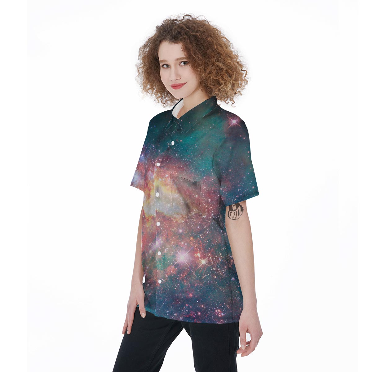 Green Cosmic Space Galaxy Women's Short Sleeve Shirts-grizzshop