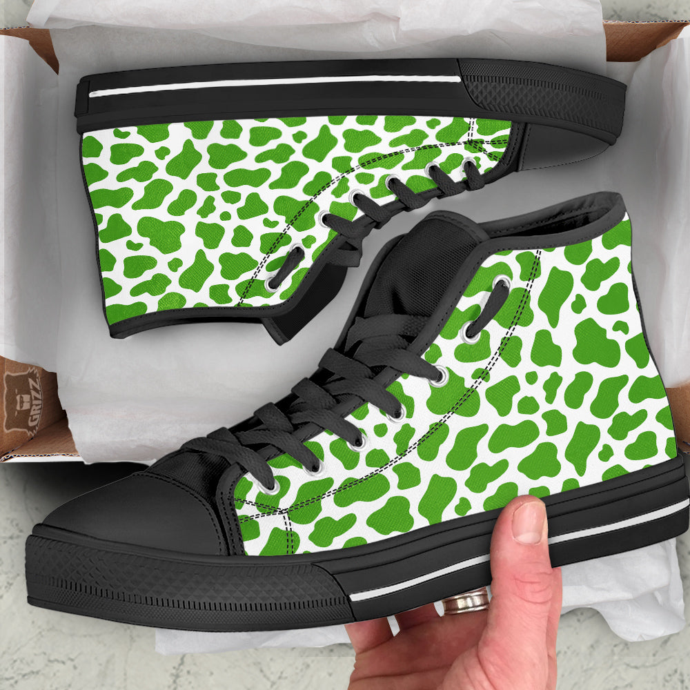 Green Cow Print Pattern Black High Top Shoes-grizzshop