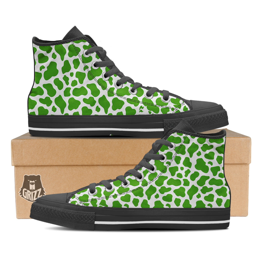 Green Cow Print Pattern Black High Top Shoes-grizzshop
