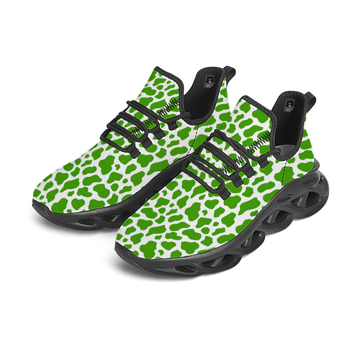 Green Cow Print Pattern Black Running Shoes-grizzshop