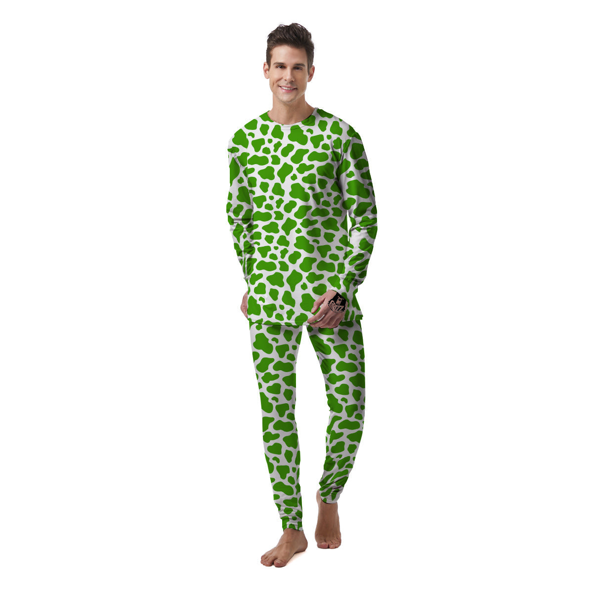 Green Cow Print Pattern Men's Pajamas-grizzshop