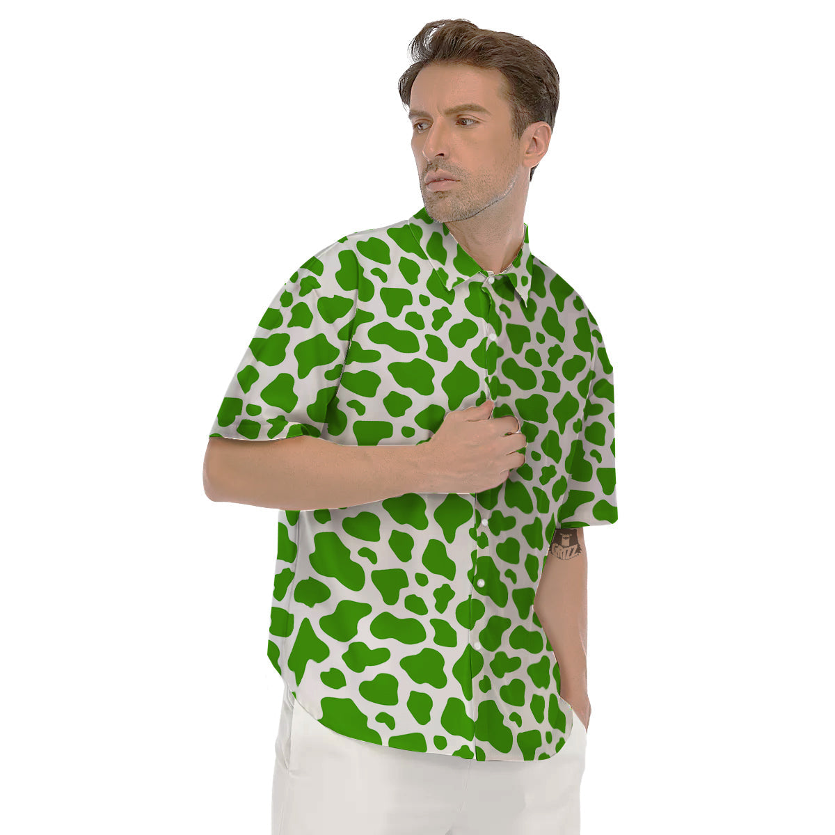 Green Cow Print Pattern Men's Short Sleeve Shirts-grizzshop