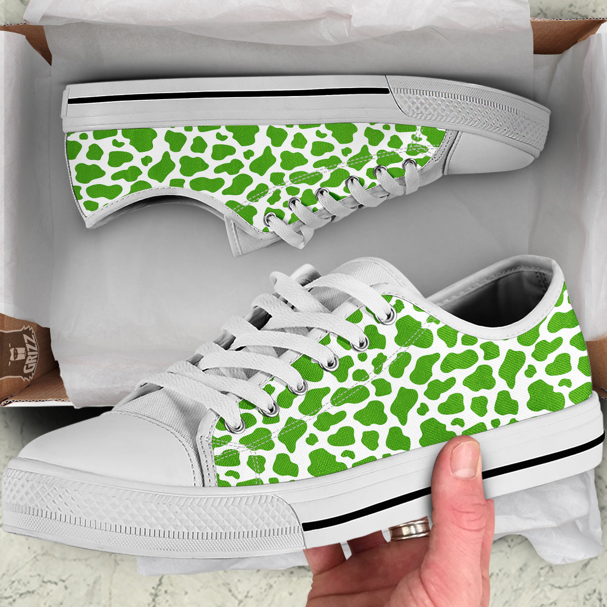 Green Cow Print Pattern White Low Top Shoes-grizzshop