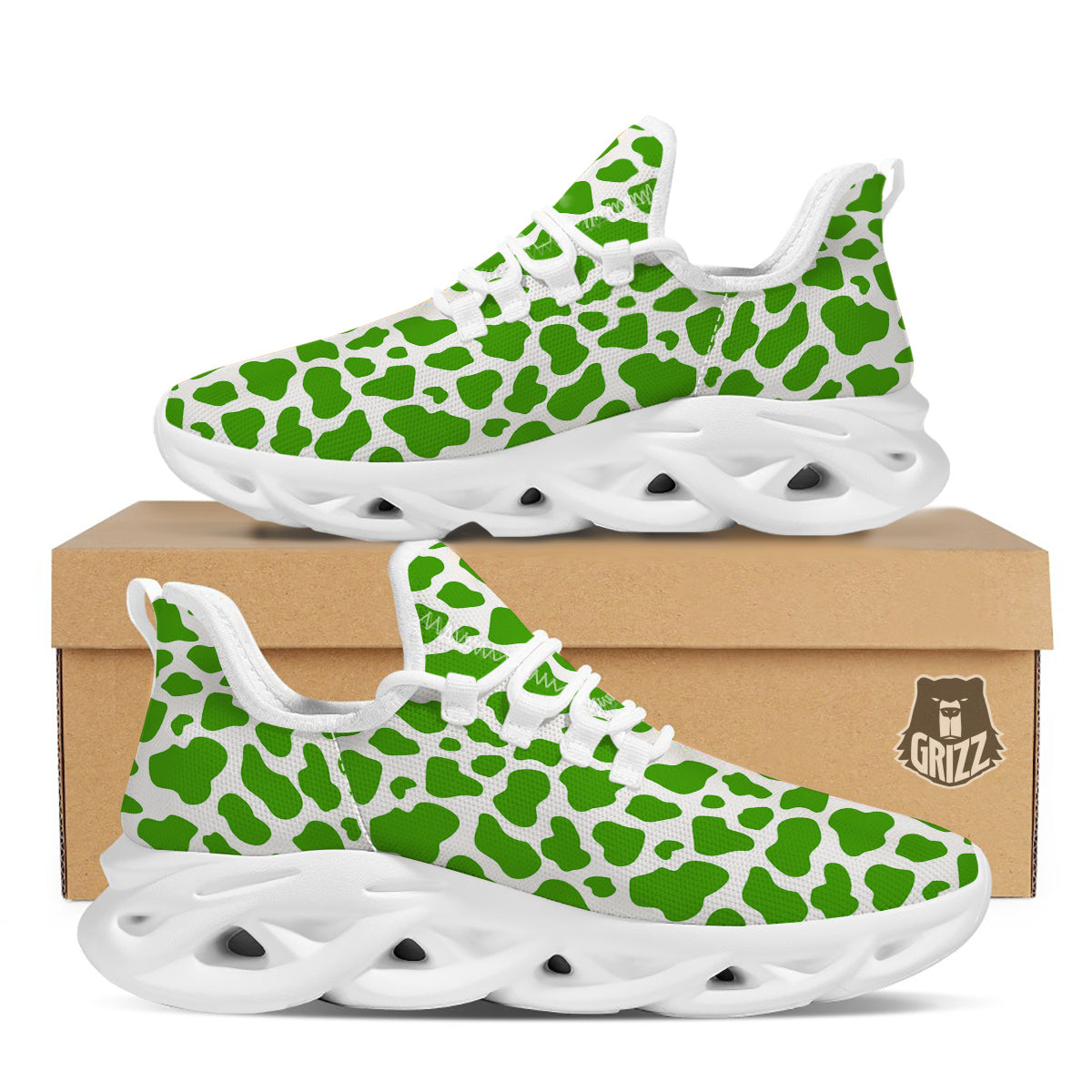Green Cow Print Pattern White Running Shoes-grizzshop
