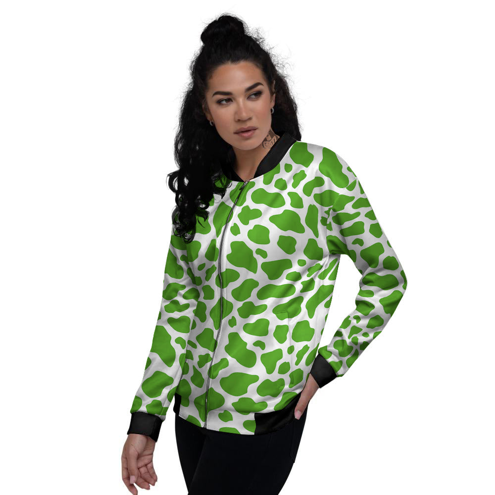 Green Cow Print Pattern Women's Bomber Jacket-grizzshop
