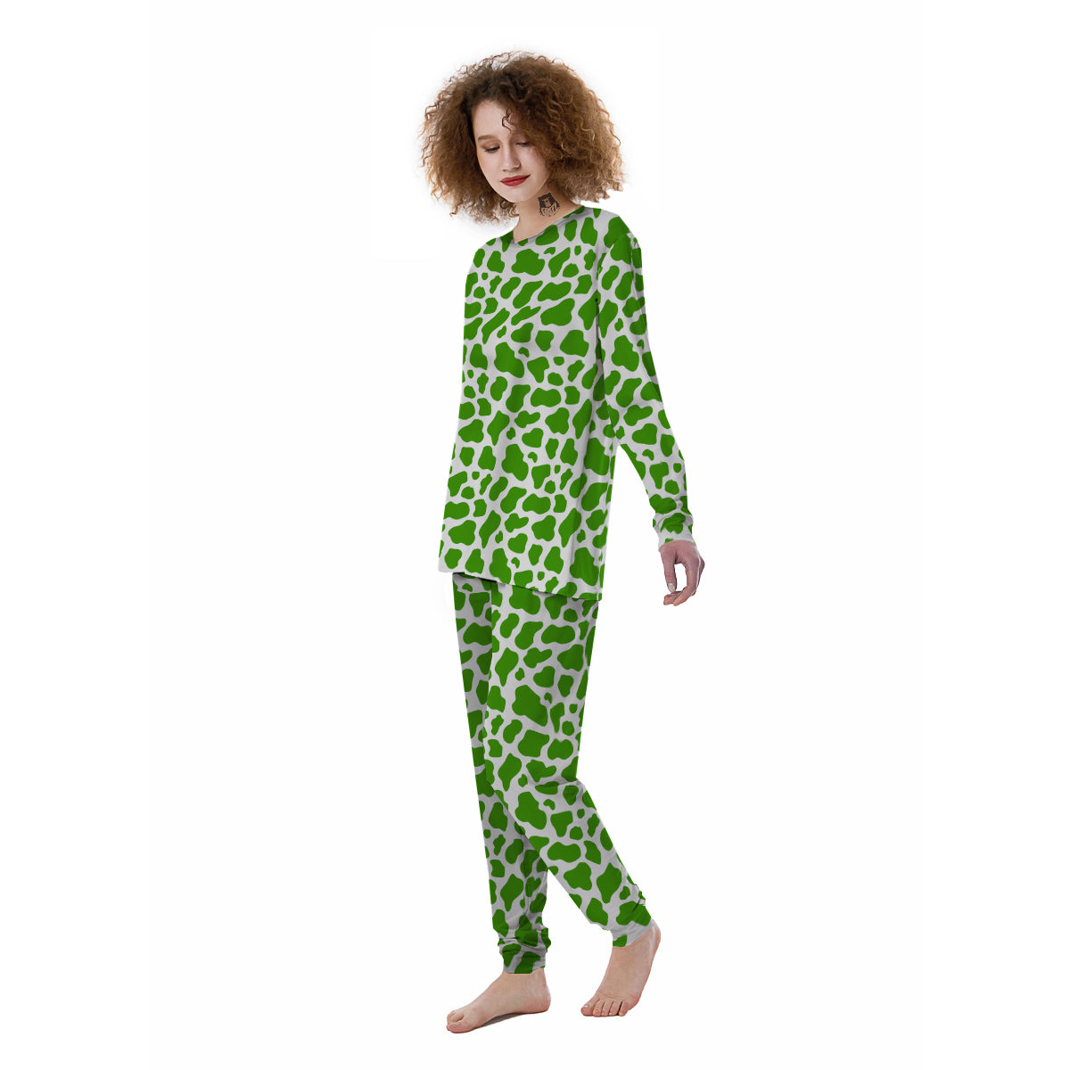 Green Cow Print Pattern Women's Pajamas-grizzshop