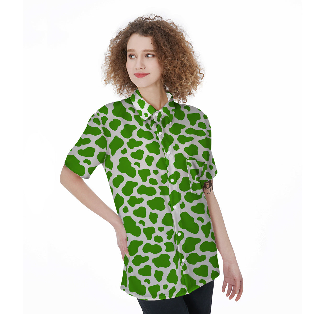 Green Cow Print Pattern Women's Short Sleeve Shirts-grizzshop
