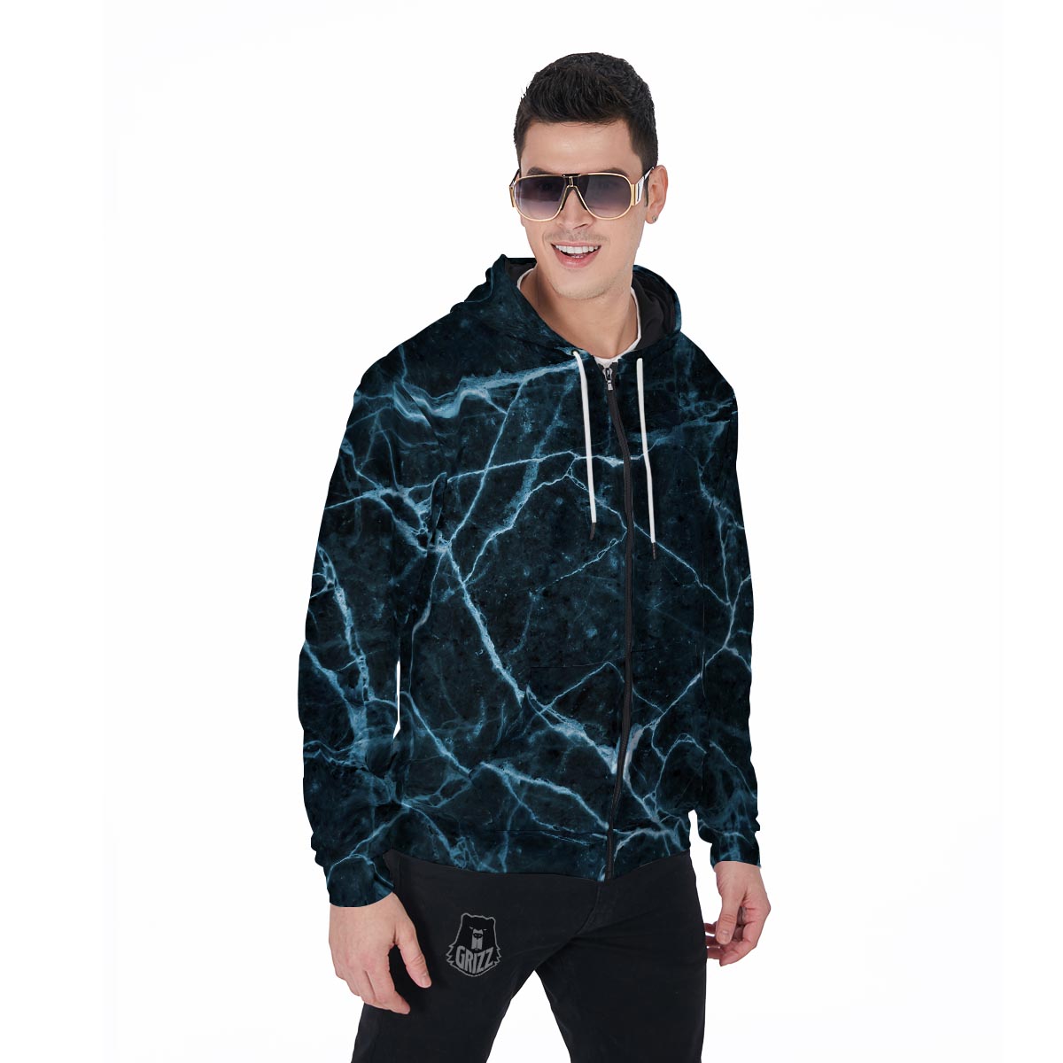 Green Cracked Marble Men's Zip Up Hoodie-grizzshop