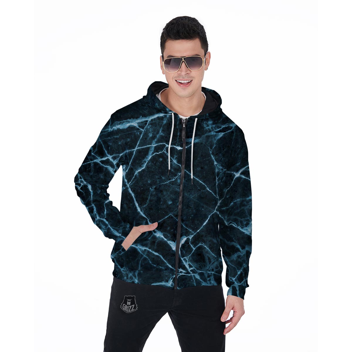 Green Cracked Marble Men's Zip Up Hoodie-grizzshop