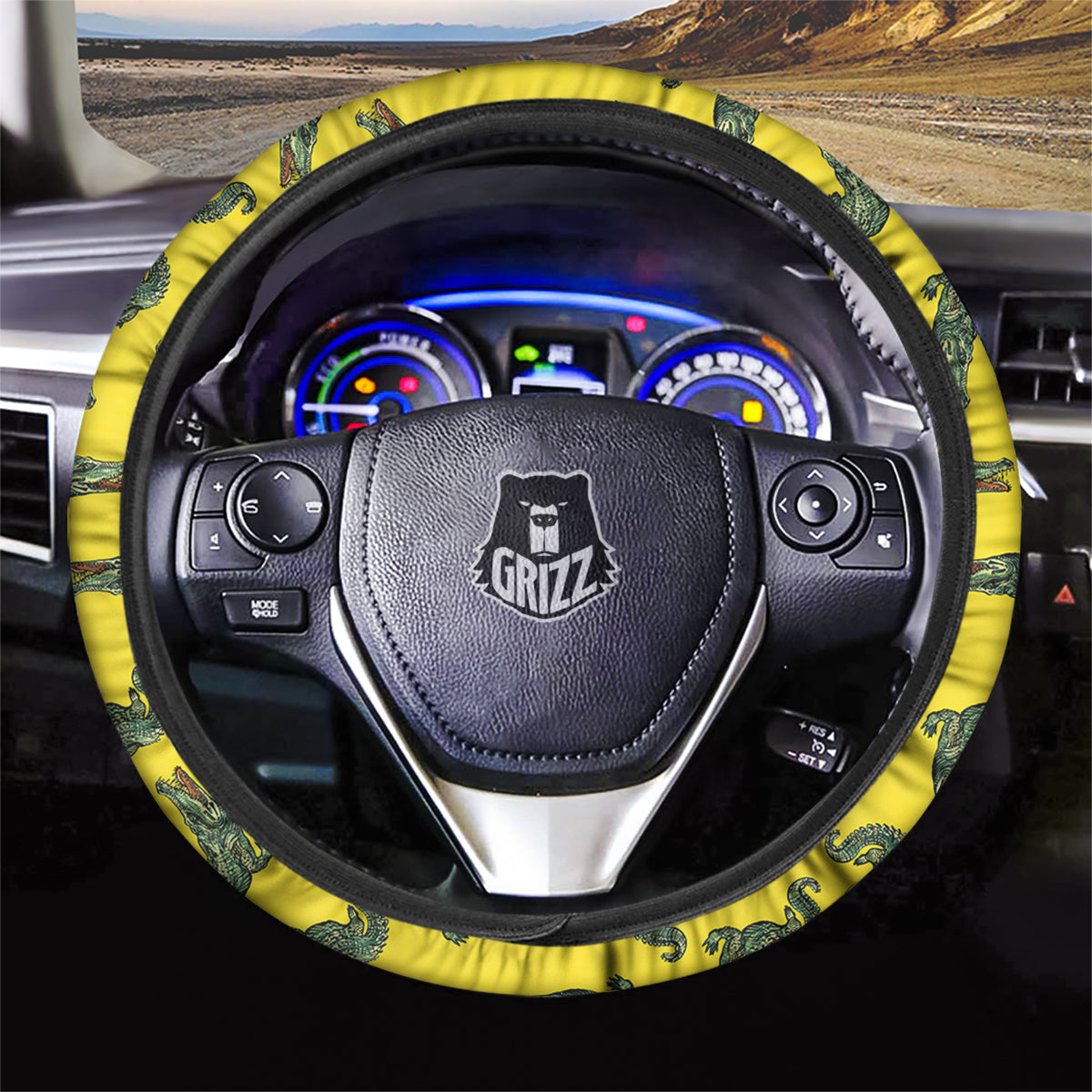 Green Crocodile And Yellow Print Pattern Car Steering Wheel Cover-grizzshop