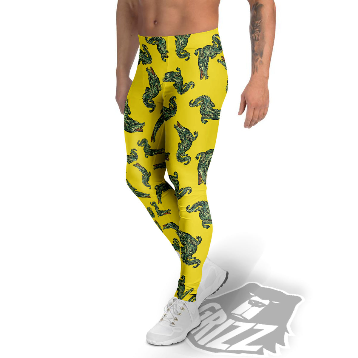 Green Crocodile And Yellow Print Pattern Men's Leggings-grizzshop