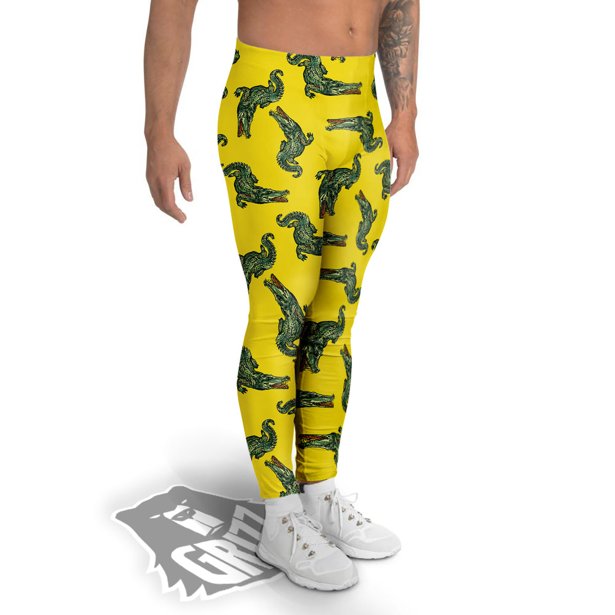 Green Crocodile And Yellow Print Pattern Men's Leggings-grizzshop