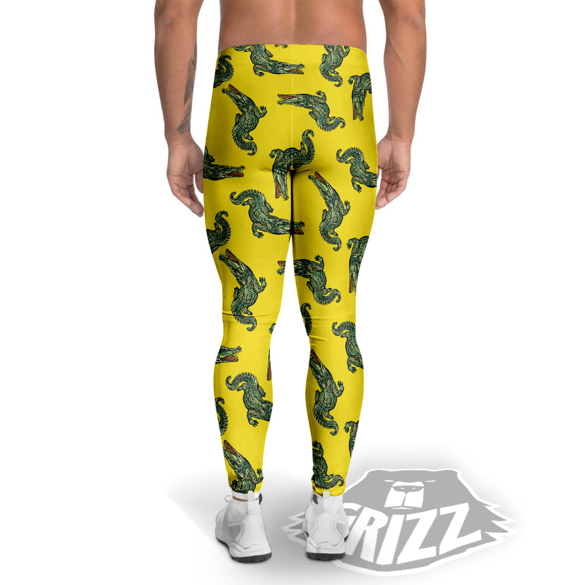 Green Crocodile And Yellow Print Pattern Men's Leggings-grizzshop