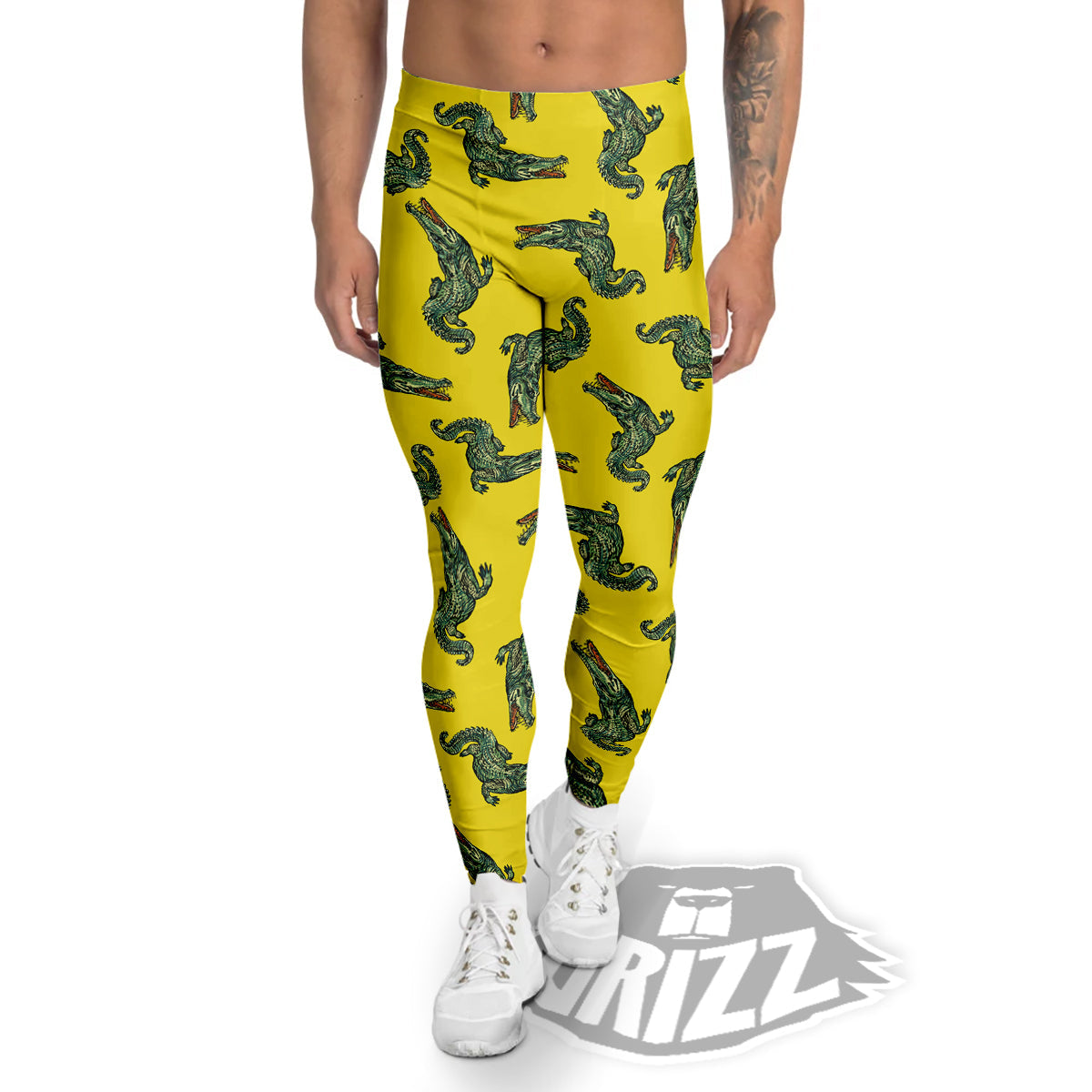 Green Crocodile And Yellow Print Pattern Men's Leggings-grizzshop