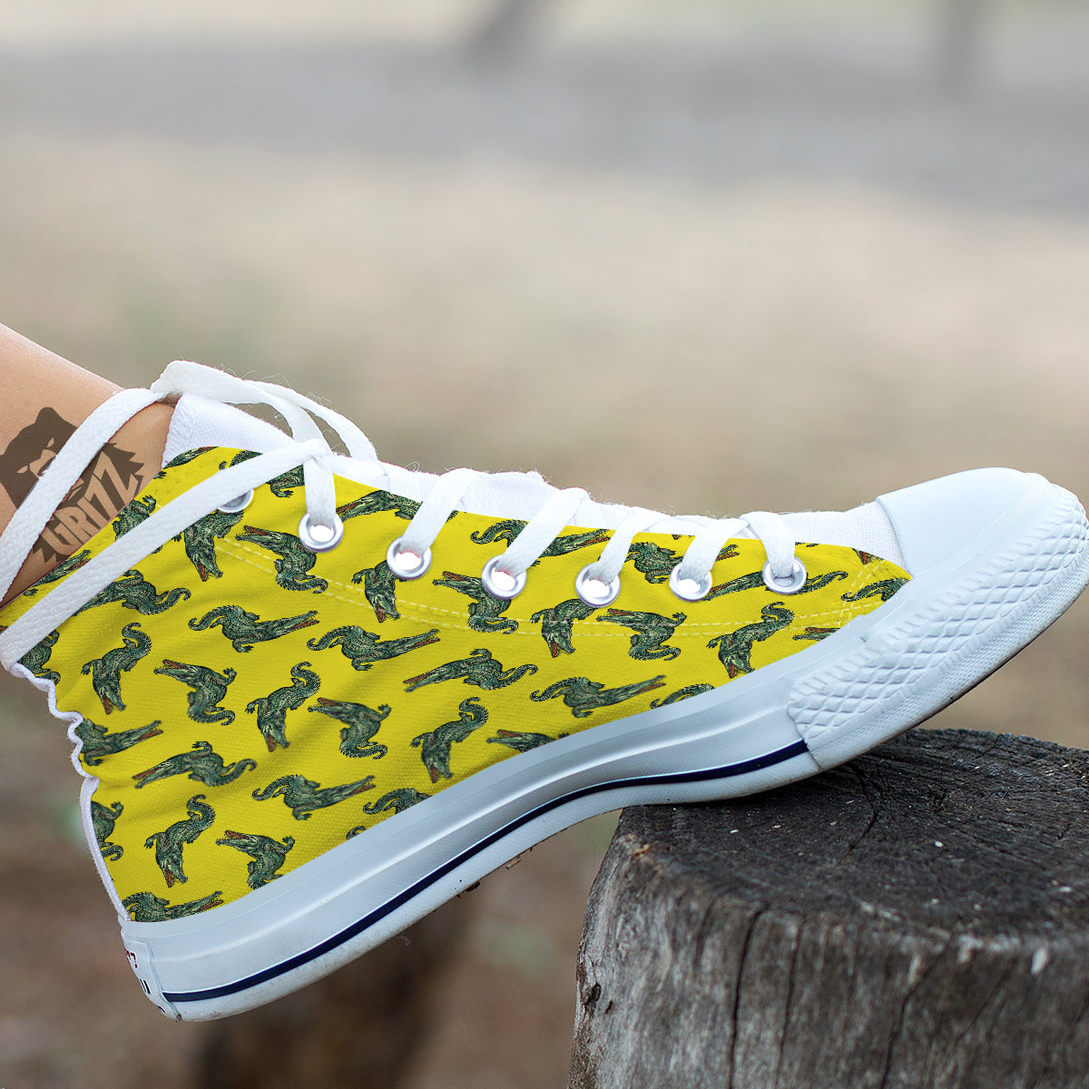 Green Crocodile And Yellow Print Pattern White High Top Shoes-grizzshop