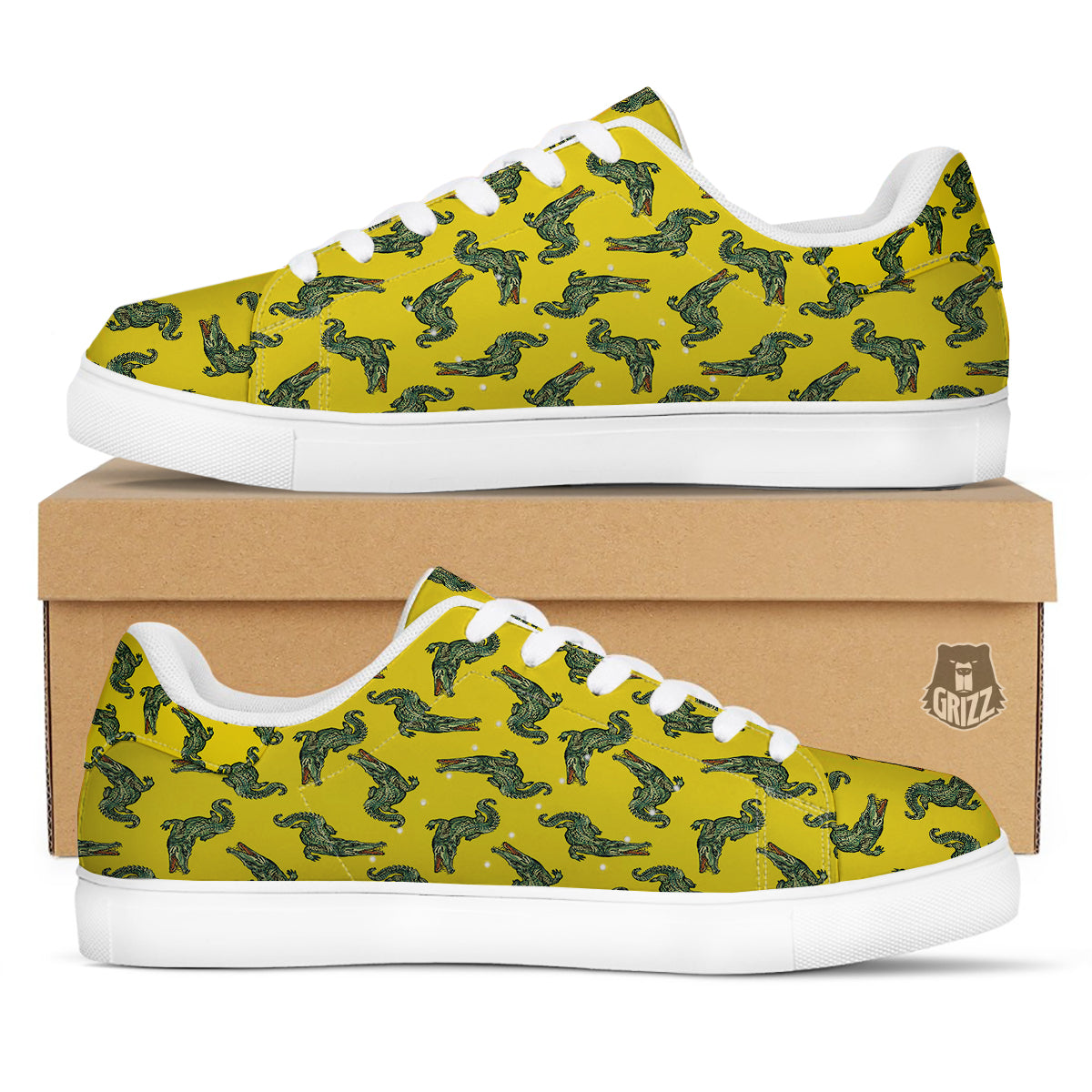 Green Crocodile And Yellow Print Pattern White Low Top Sneakers-grizzshop
