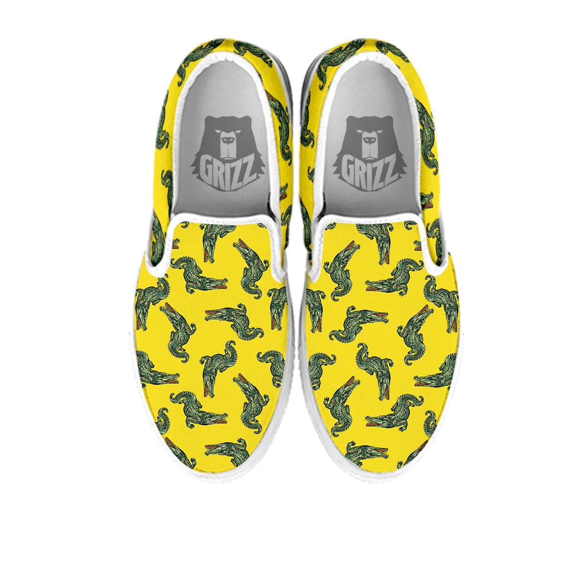 Green Crocodile And Yellow Print Pattern White Slip On Shoes-grizzshop