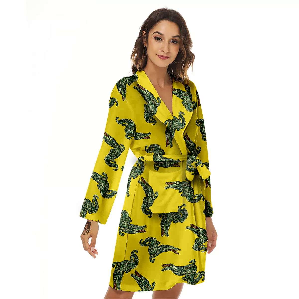 Green Crocodile And Yellow Print Pattern Women's Robe-grizzshop