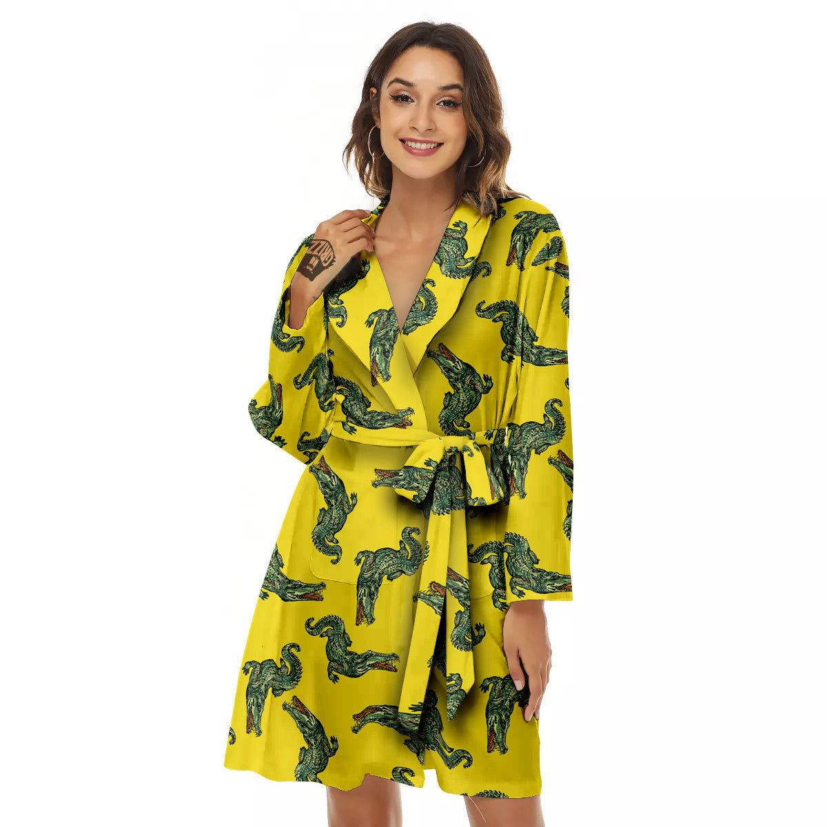 Green Crocodile And Yellow Print Pattern Women's Robe-grizzshop