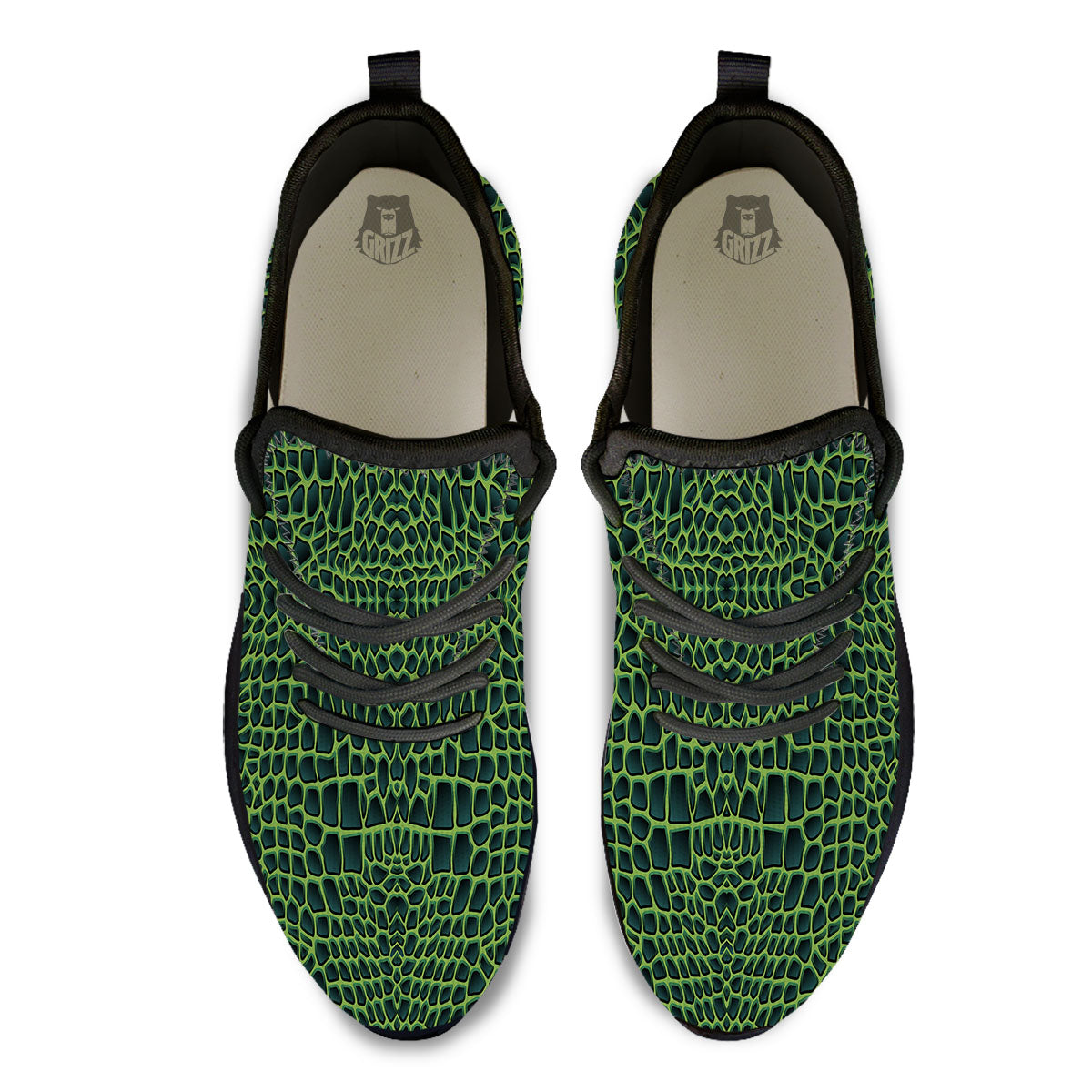 Green Crocodile Leather Skin Print Black Athletic Shoes-grizzshop