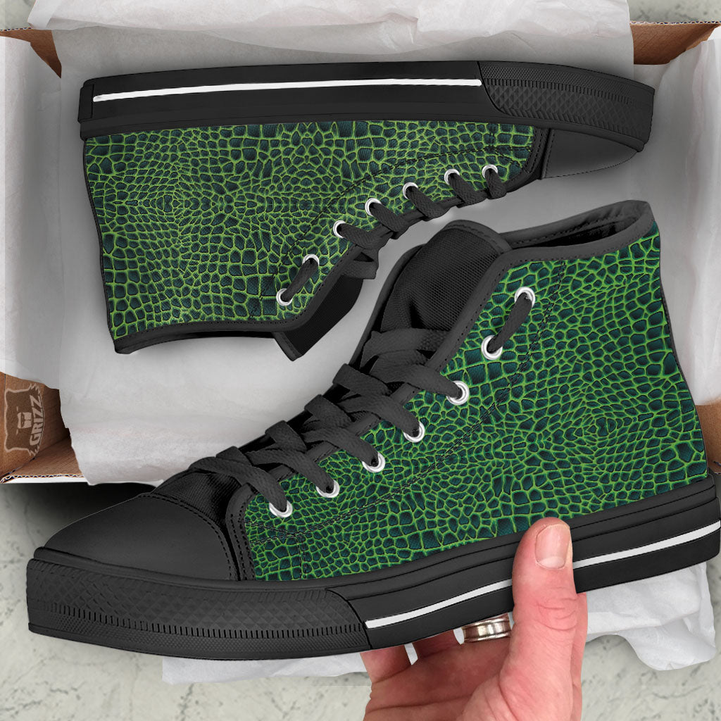 Green Crocodile Leather Skin Print Black High Top Shoes-grizzshop