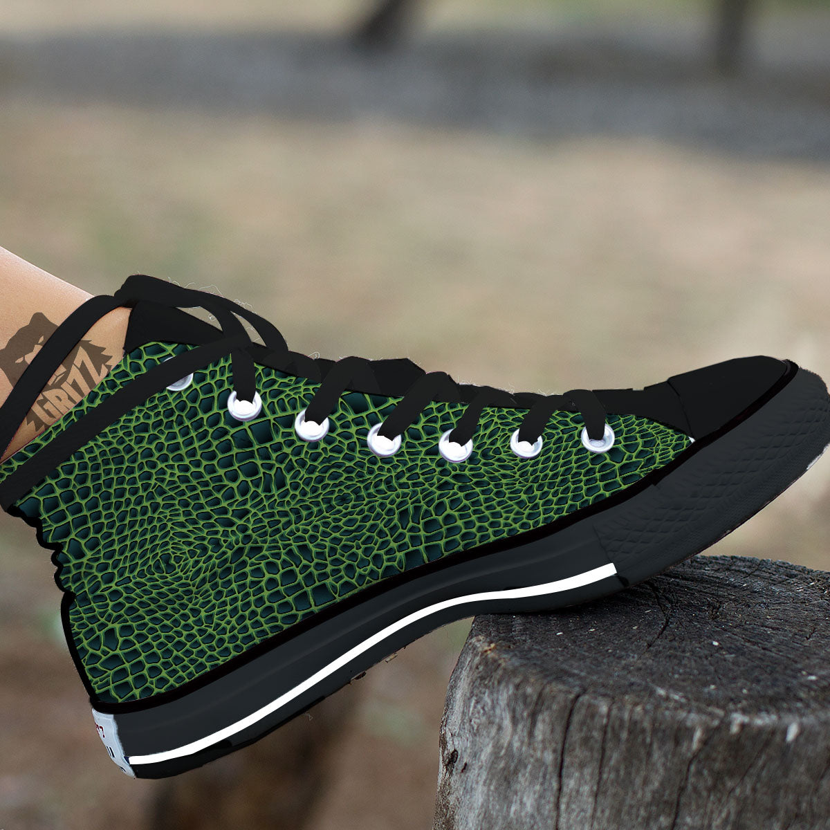 Green Crocodile Leather Skin Print Black High Top Shoes-grizzshop