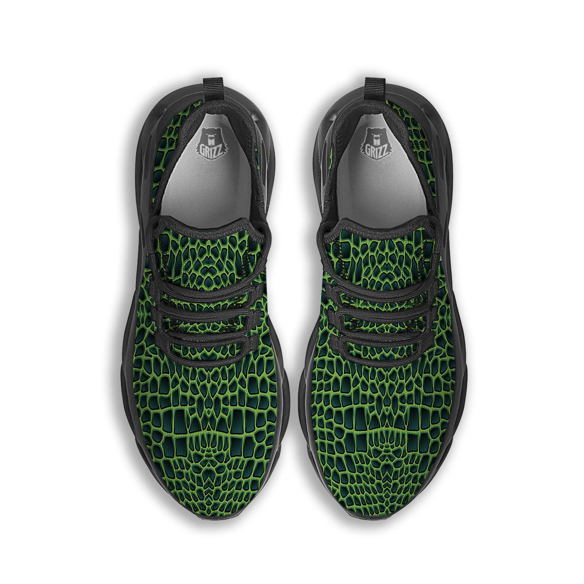 Green Crocodile Leather Skin Print Black Running Shoes-grizzshop